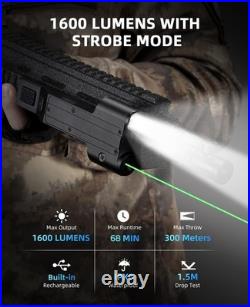 1600 Lumen Rifle Light with Green Laser Combo, USB Rechargeable Tactical Flashli