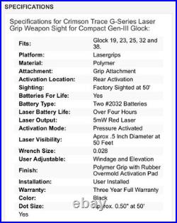 Crimson Trace Lg-619 Laser Grip Glock 19 23 25 32 38 New (km)