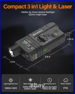 Mlok/Picatinny Mounted Tactical Flashlight Green/ Red Laser 3 in 1 Combo 1600
