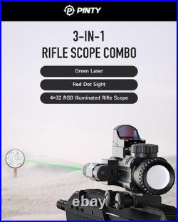 PINTY 4x32 Rifle Scope with 3MOA Red Dot Sight and Green Laser for 20mm Picatinn