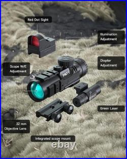 PINTY 4x32 Rifle Scope with 3MOA Red Dot Sight and Green Laser for 20mm Picatinn