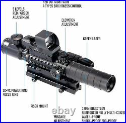 Rifle Scope Combo 4-in-1 Rangefinder Red & Green Dot Sight Laser, 14 Slots Riser